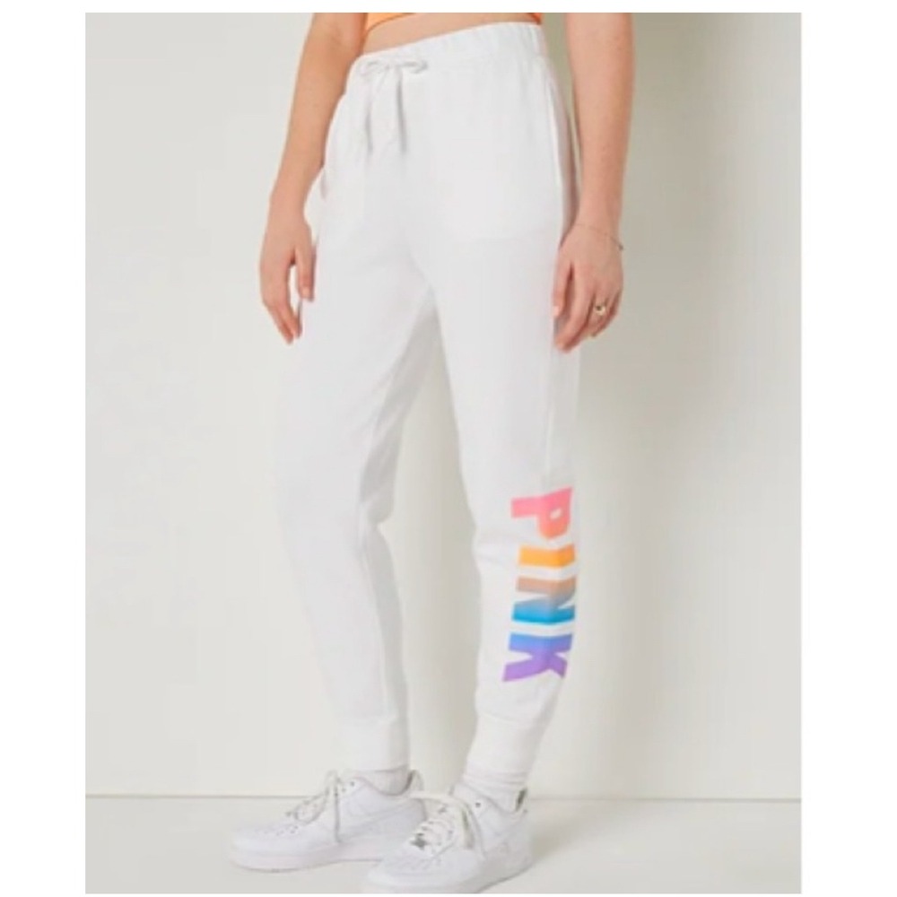 Victoria's Secret PINK White Rainbow Logo Jogger Sweatpants‎ Small 292167-QC6